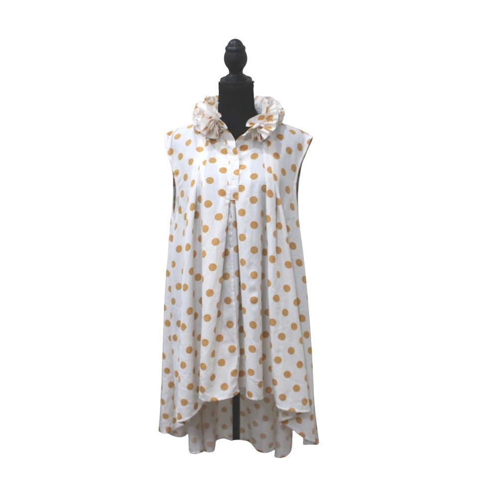 Fashion Statement Collar Polka Dot Tunic Women Large White Tan Ruffle High Low